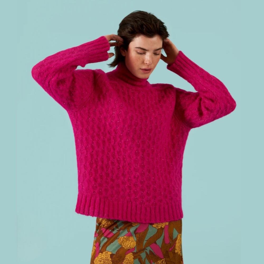 Oilily Alpaca Wool Cable Knit Turtleneck Sweater Size S, Fuchsia